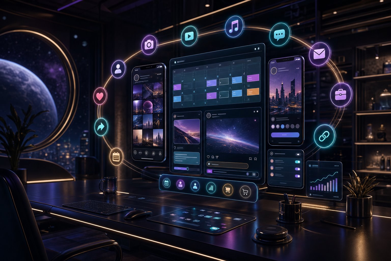 Premium social media planning dashboard with glowing social media icons, profile screens, and scheduling panels