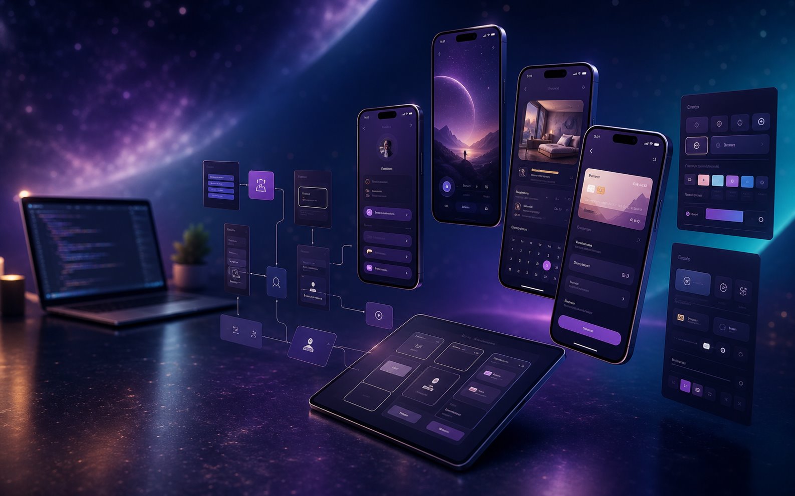 Premium custom app build workspace with floating mobile app screens, prototype flows, and user interface planning