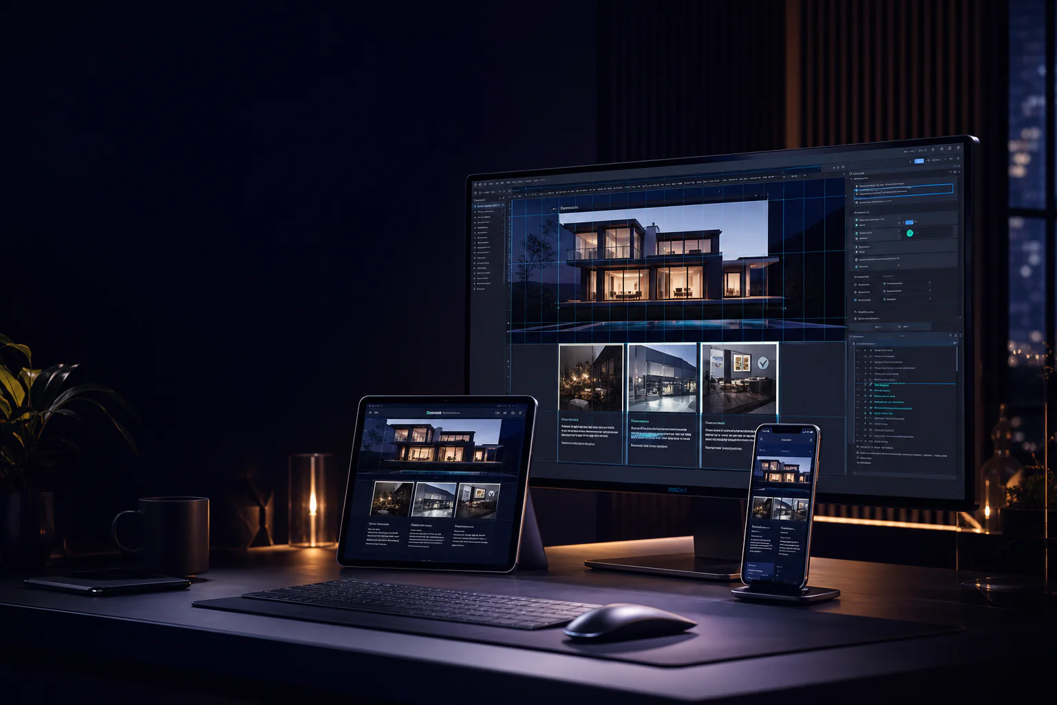 Website Design Galaxy responsive website and service workflow screens