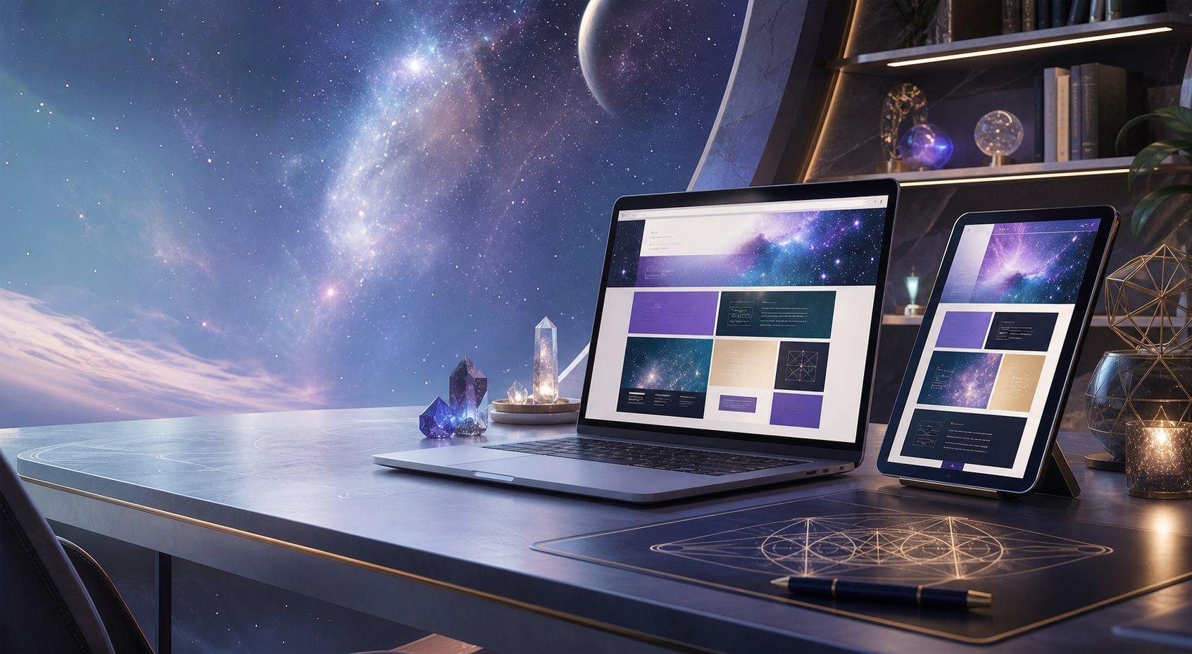 Premium content workspace with website screens, editorial layout previews, and cosmic studio lighting