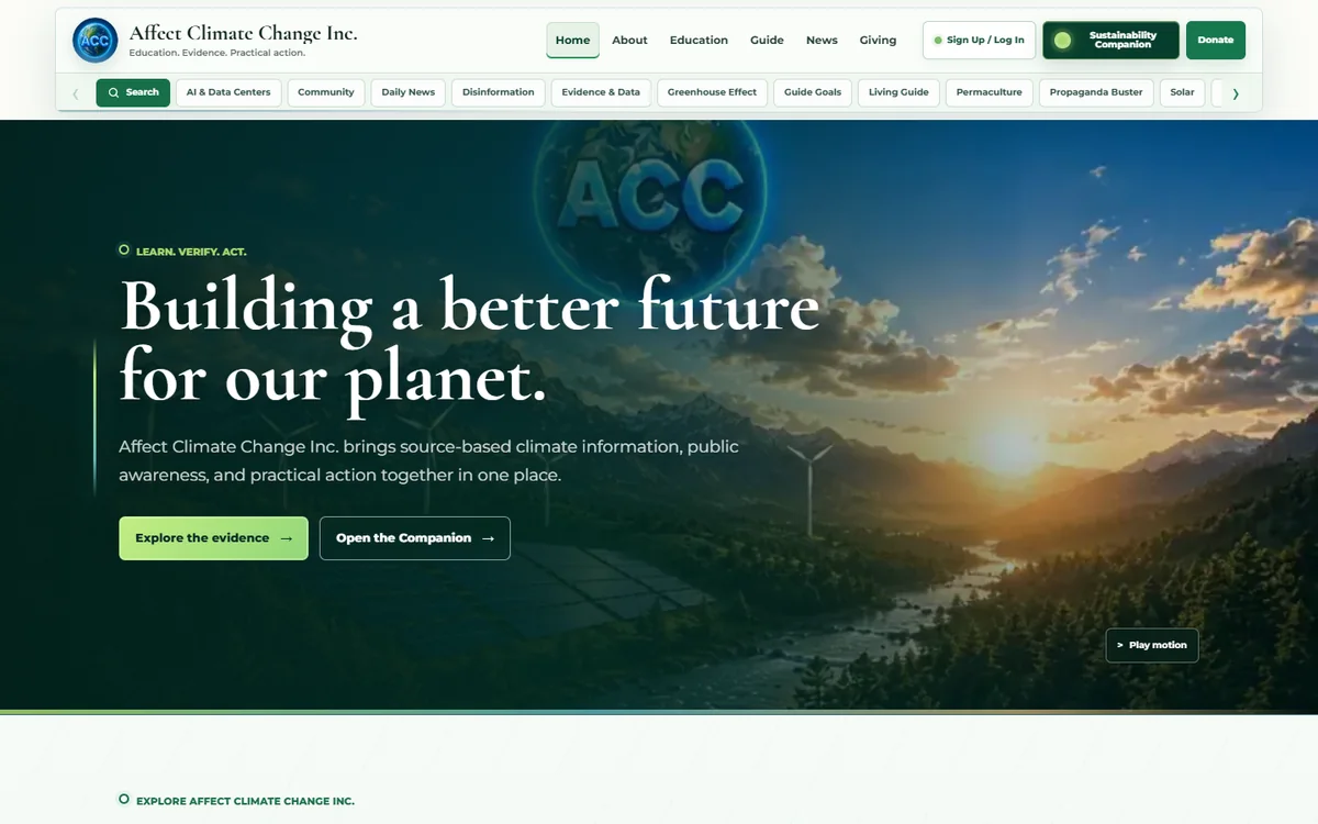 Affect Climate Change homepage with its climate education and action experience