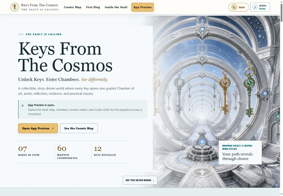 Keys From The Cosmos Light-mode homepage with silver vault architecture and detailed key artwork