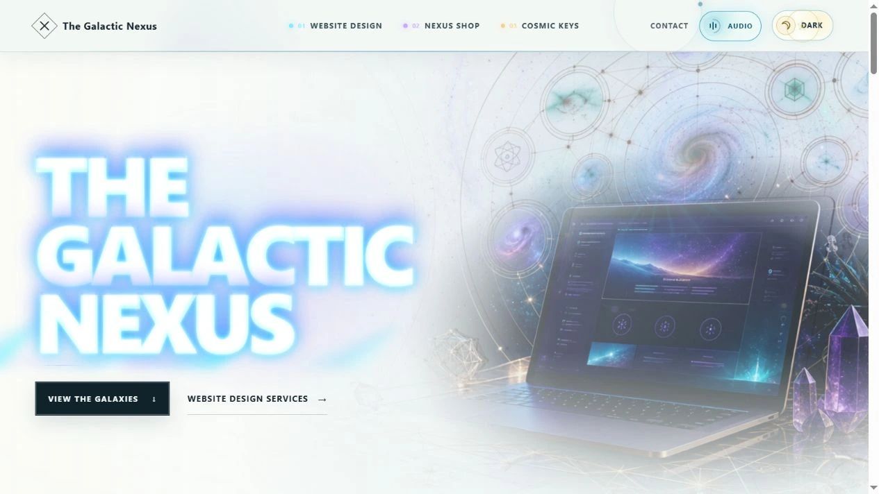 The Galactic Nexus live homepage in Light mode, with its bright celestial artwork and laptop